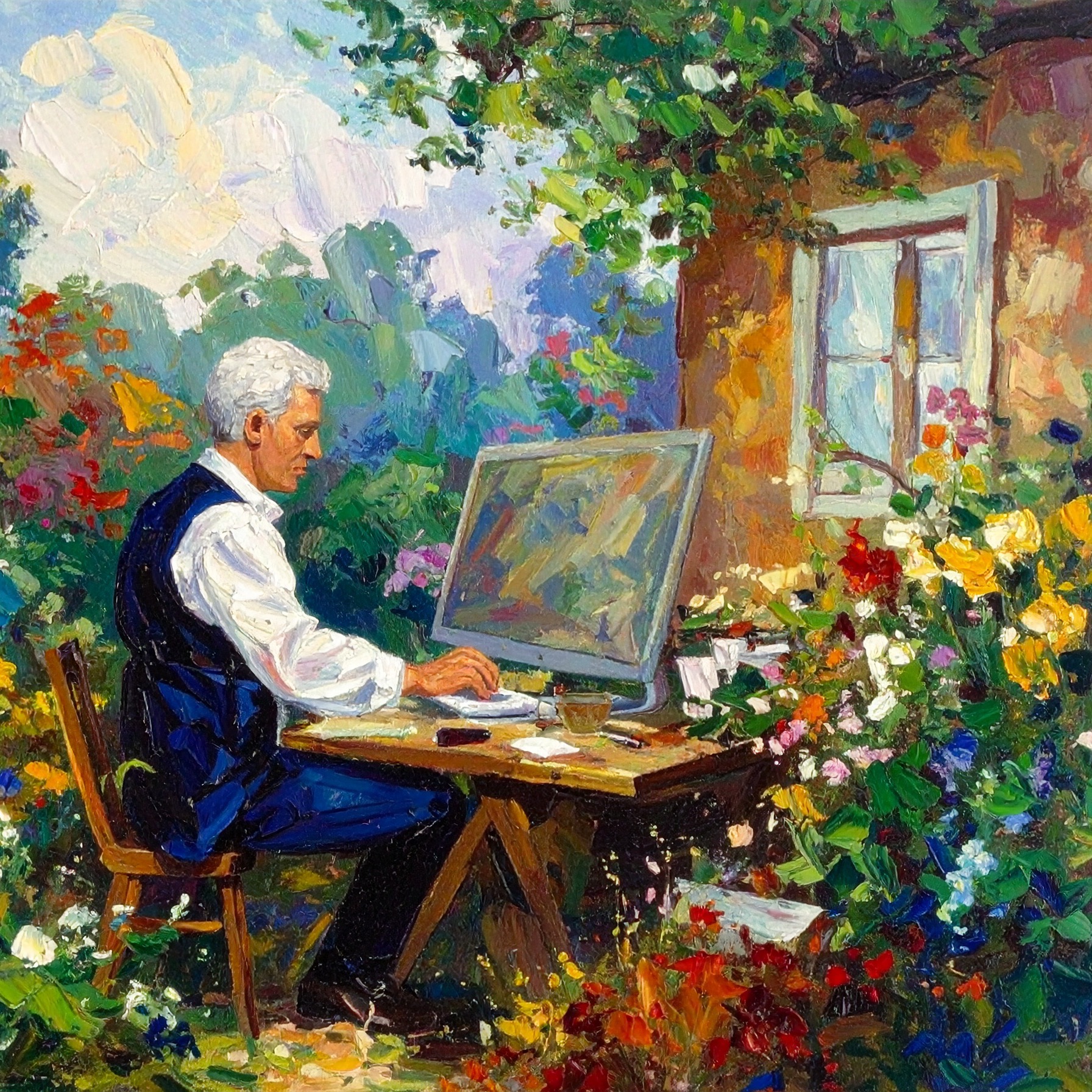 AI prompt: An impressionist painting of a man working at a computer in a colorful office, in the style of Claude Monet
